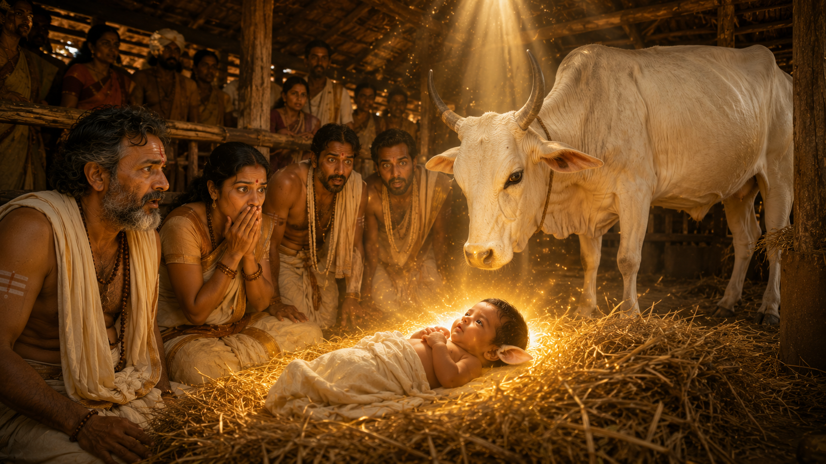 The miraculous birth of Gokarna from the sacred cow with divine radiance.